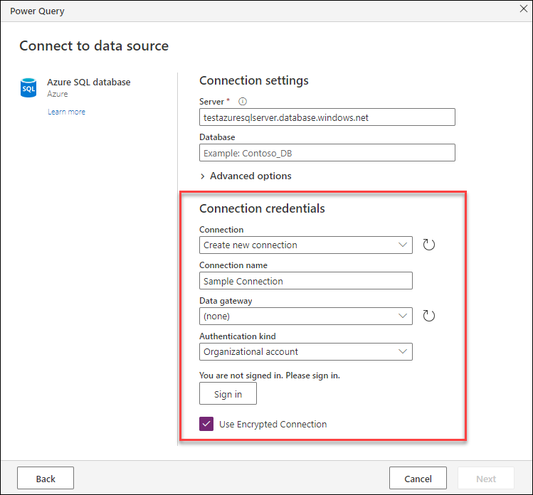 Koble til ion-legitimasjonen for Azure SQL Database-koblingen der brukeren er godkjent ved hjelp av funksjonen for automatisk pålogging.