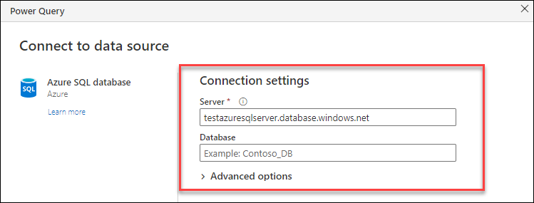 Koble til ion-innstillingene for Azure SQL Server Database-koblingen der den eneste nødvendige innstillingen er servernavnet.