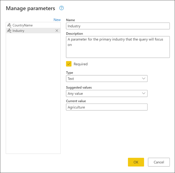 Opprett en parameter fra behandle parametervinduet.