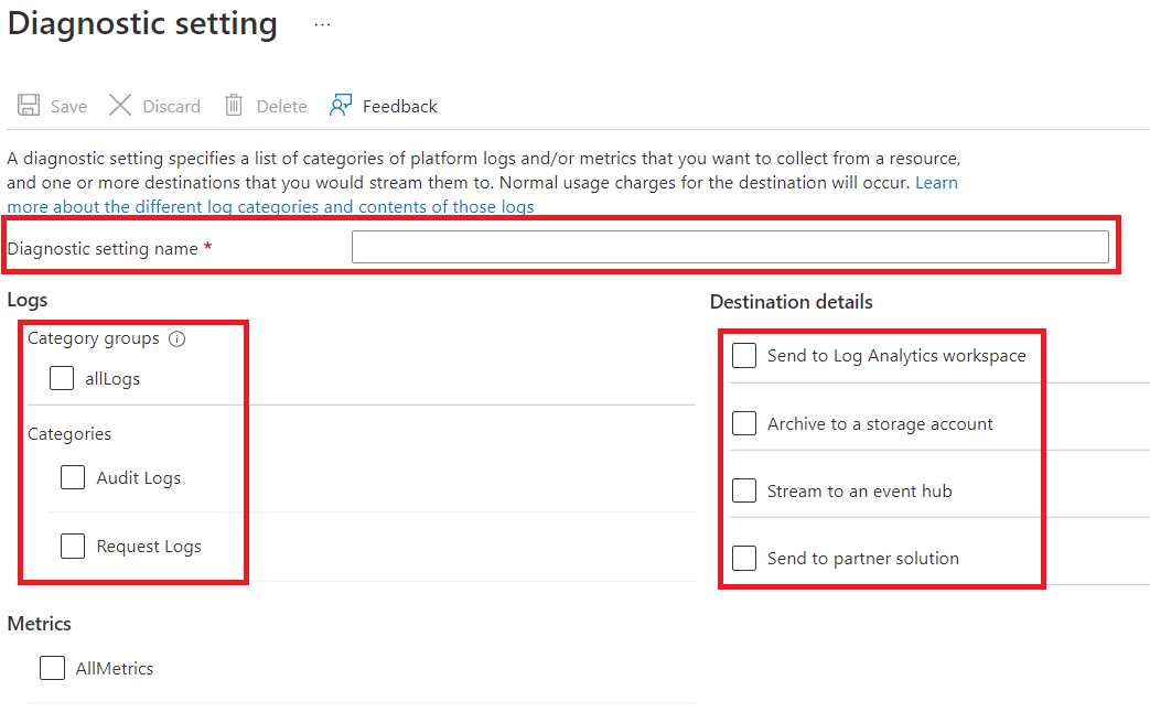 Screenshot showing settings to turn on diagnostics to collect audit and request logs