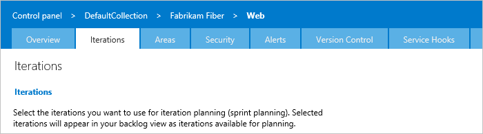 Opened team administration iterations page.