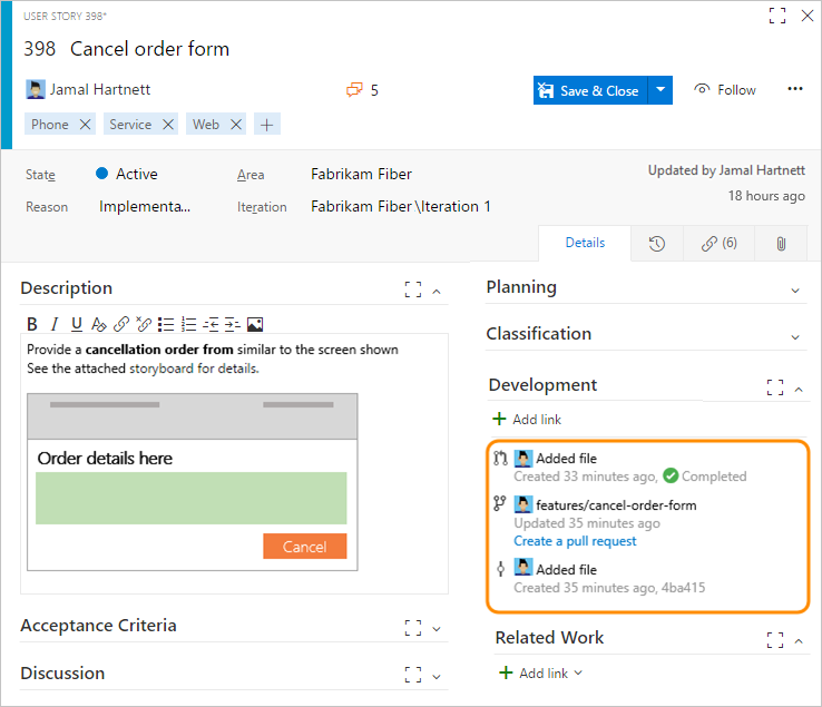 Work item form, Development section