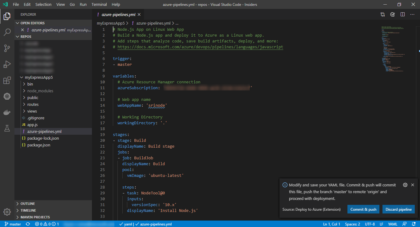 YAML starter file, Azure Repos + Azure Pipelines.