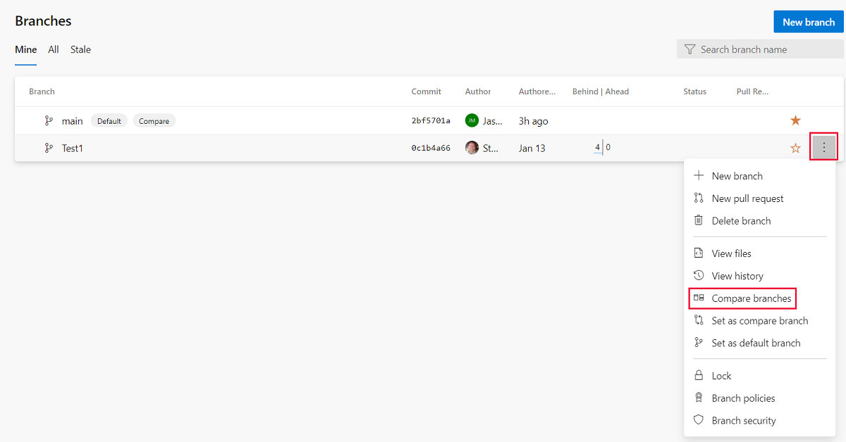Screenshot that shows the ellipsis selected and 'Compare branches' selected from the menu.