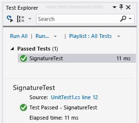 Unit Test Explorer with one passed test