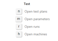 Screenshot that shows Test page keyboard shortcuts.