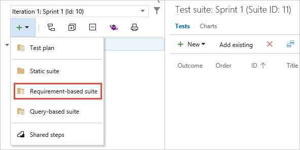 Screenshot showing creating a requirement-based test suite.