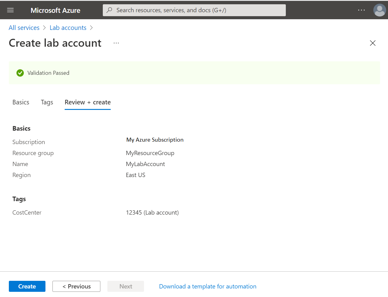Screenshot that shows the Review and create tab of the Create lab account wizard.