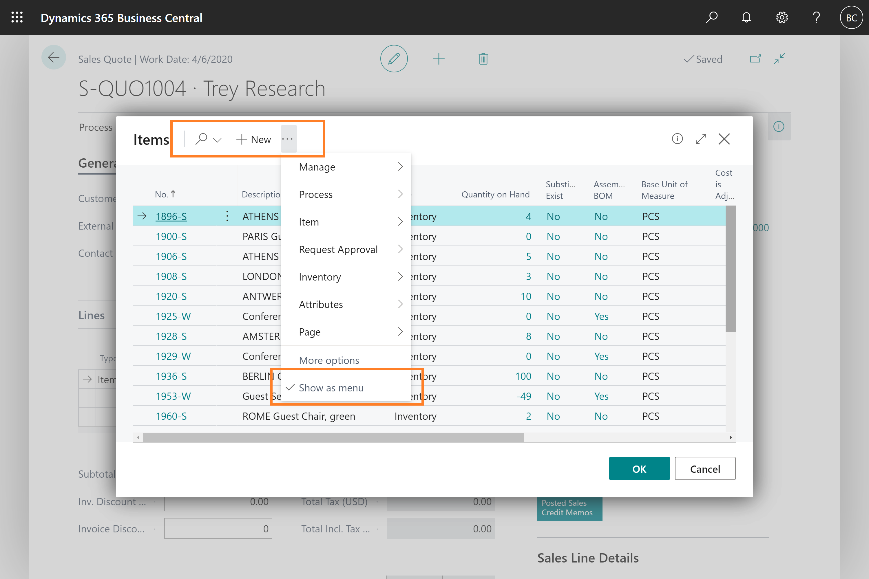 A lookup dialog box showing the condensed action bar