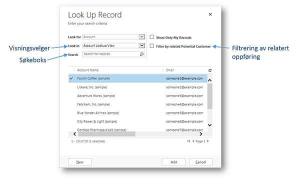 Elementer i dialogboksen Oppslag i Dynamics CRM