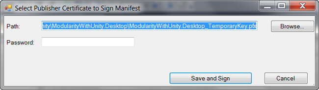 Select Publisher Certificate to Sign Manifest dialog box