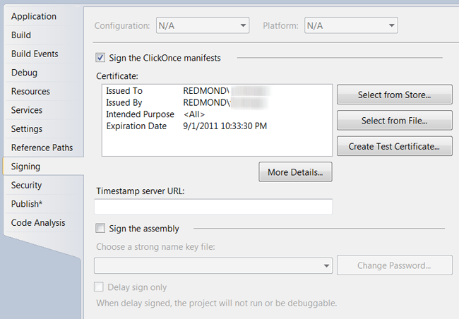 ClickOnce Publish project property settings