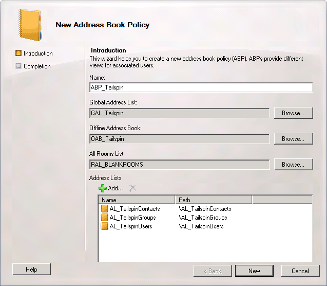 New Address Book Policy wizard depicting Tailspin