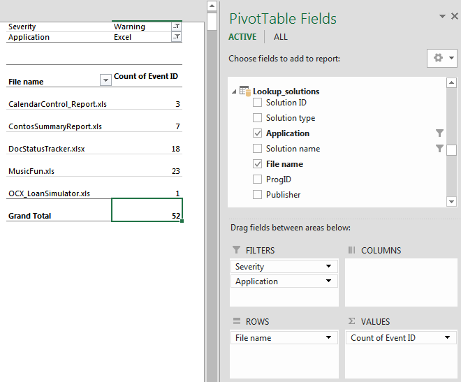 Illustrates how a custom report shows Excel issues that have the Warning severity. One column shows the file name, and the other column shows the number of Warning events.