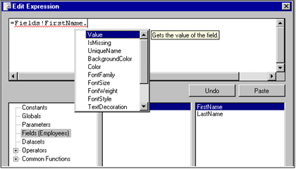 Edit expression dialog box with Intellisense