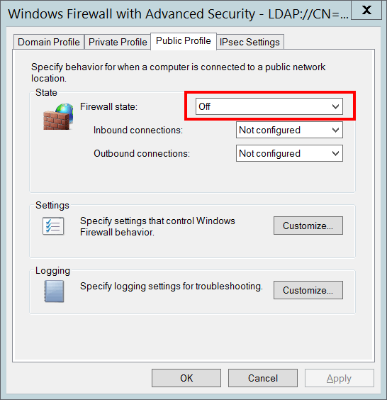 Windows Firewall set to Off illustration