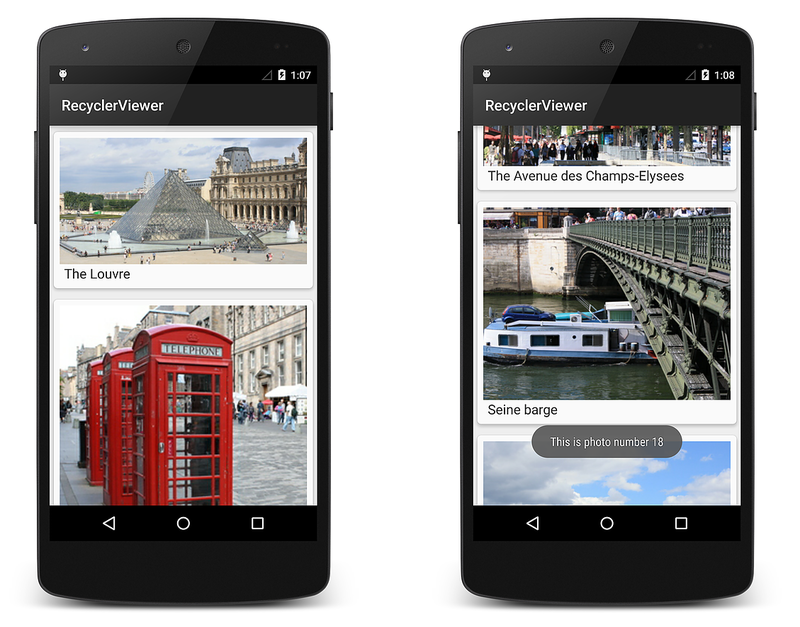 Two screenshots of a RecyclerView app that uses CardViews to display photos