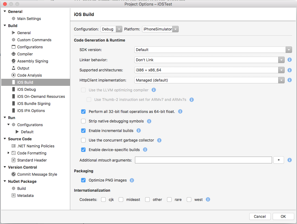 Setting the iOS Build Options