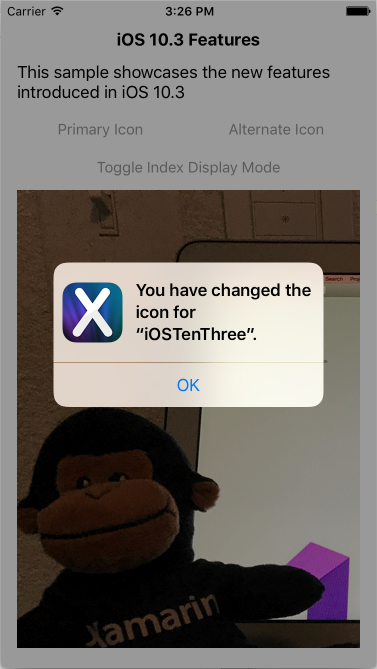 A sample alert when an app changes its icon