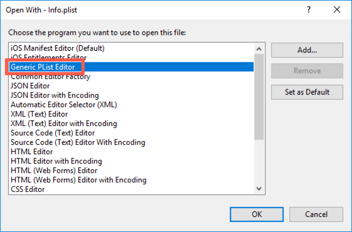 Select the Generic PList Editor