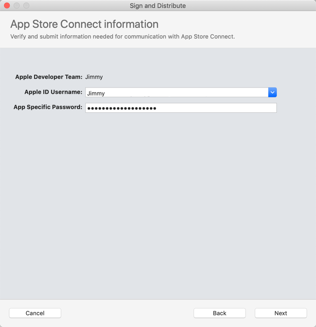 Screenshot of the App Store Connect information wizard page showing an Apple ID user name selected.