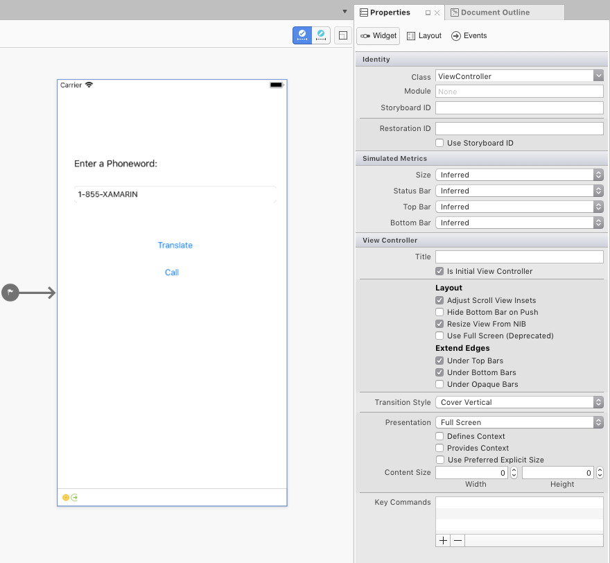 Selecting the view controller brings up its properties in the Properties Pane