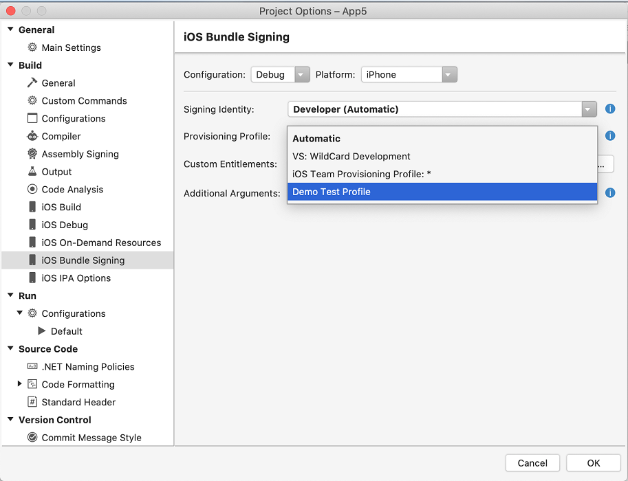 iOS bundle signing property page with the provisioning profile dropdown menu open listing all the available provisioning profiles for the app.