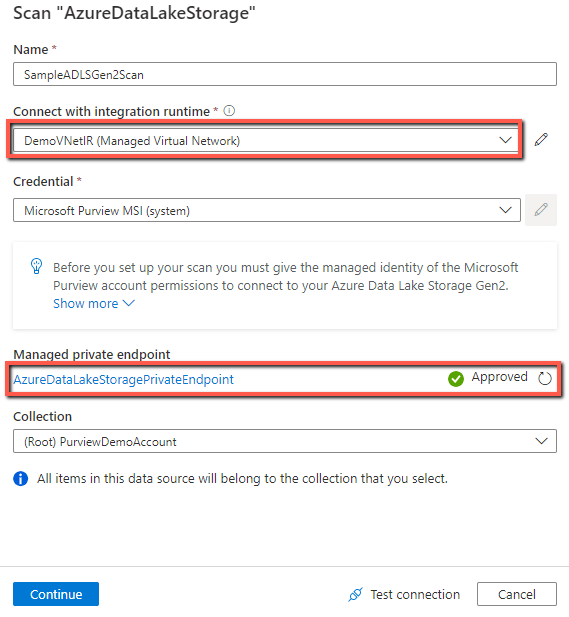 Screenshot that shows how to set up scan using managed VNet IR