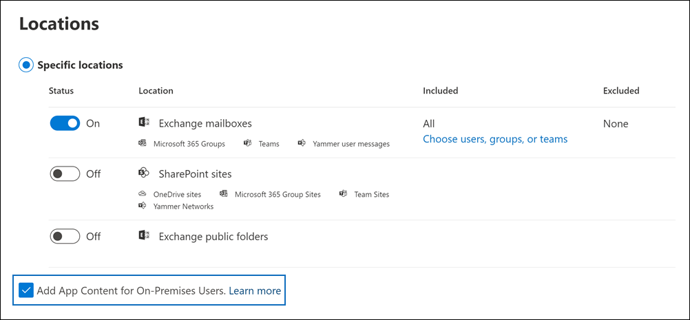 Select the "Add Office app content for on-premises users" checkbox on the Locations workflow page.