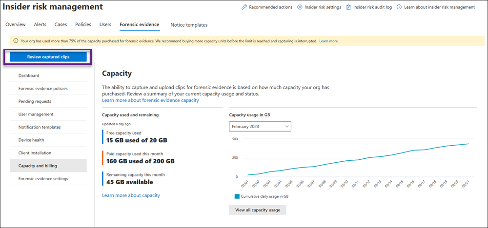 Insider risk management forensic evidence Capacity page.