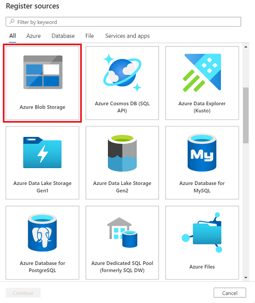 Screenshot showing selecting a data source type in the Register sources page.