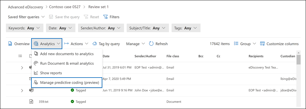 Select the Analyze dropdown menu in review set to go to the Predictive coding page.