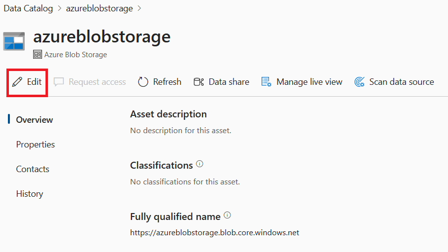 Screenshot of a data source details view with the edit button highlighted.