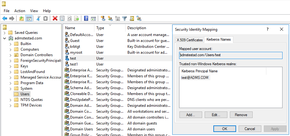 Screenshot of the Security Identity Mapping pane.