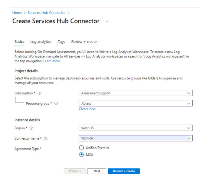 Opprett Services Hub Connector-visningen som viser Grunnleggende-fanen.