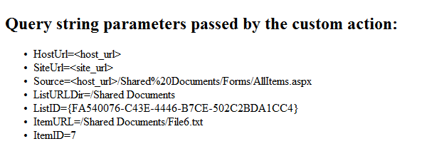 webpage with parameters from a custom action