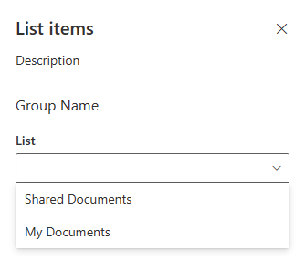 List dropdown in the web part property pane showing the available lists