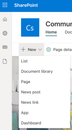 SharePoint home site New menu