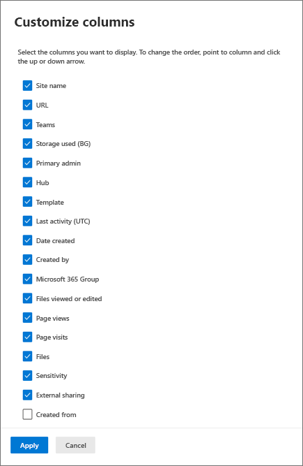 The Customize columns panel