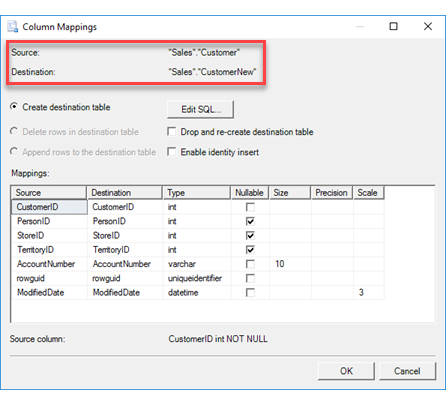 Column mappings page, source and destination section