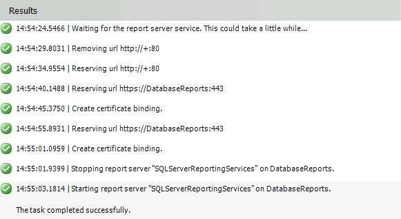 Screenshot of the Results window in the configuration tool. Messages indicate a successful certificate binding.