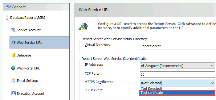 Screenshot of the configuration tool. In the HTTPS Certificate list, a certificate named Test certificate is highlighted.