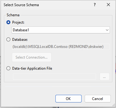 Screenshot of Schema comparison source select dialog in Visual Studio.