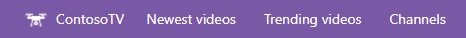 Toppmenyen i videoportalen som sier «ContosoTV», «Nyeste videoer», «Populære videoer» og «Kanaler».