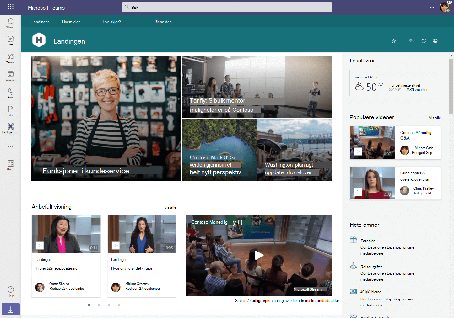 Hjemmesiden for organisasjonens intranett vises via Viva Connections som en fane i Teams. Videoer vises på siden for tilbakekomprimert visning, populære videoer og videospiller.