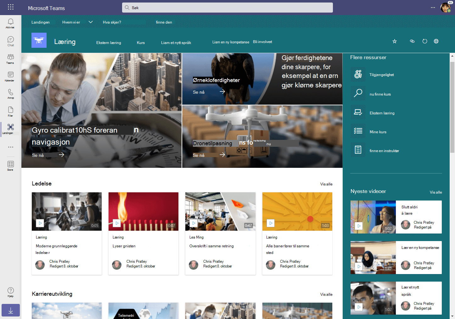 Læringsnettstedet vises via Viva Connections som en fane i Teams. Videoer vises på siden som hovedbannerelementer øverst på siden, inndelt etter emner og i en inndeling med reccent-videoer.