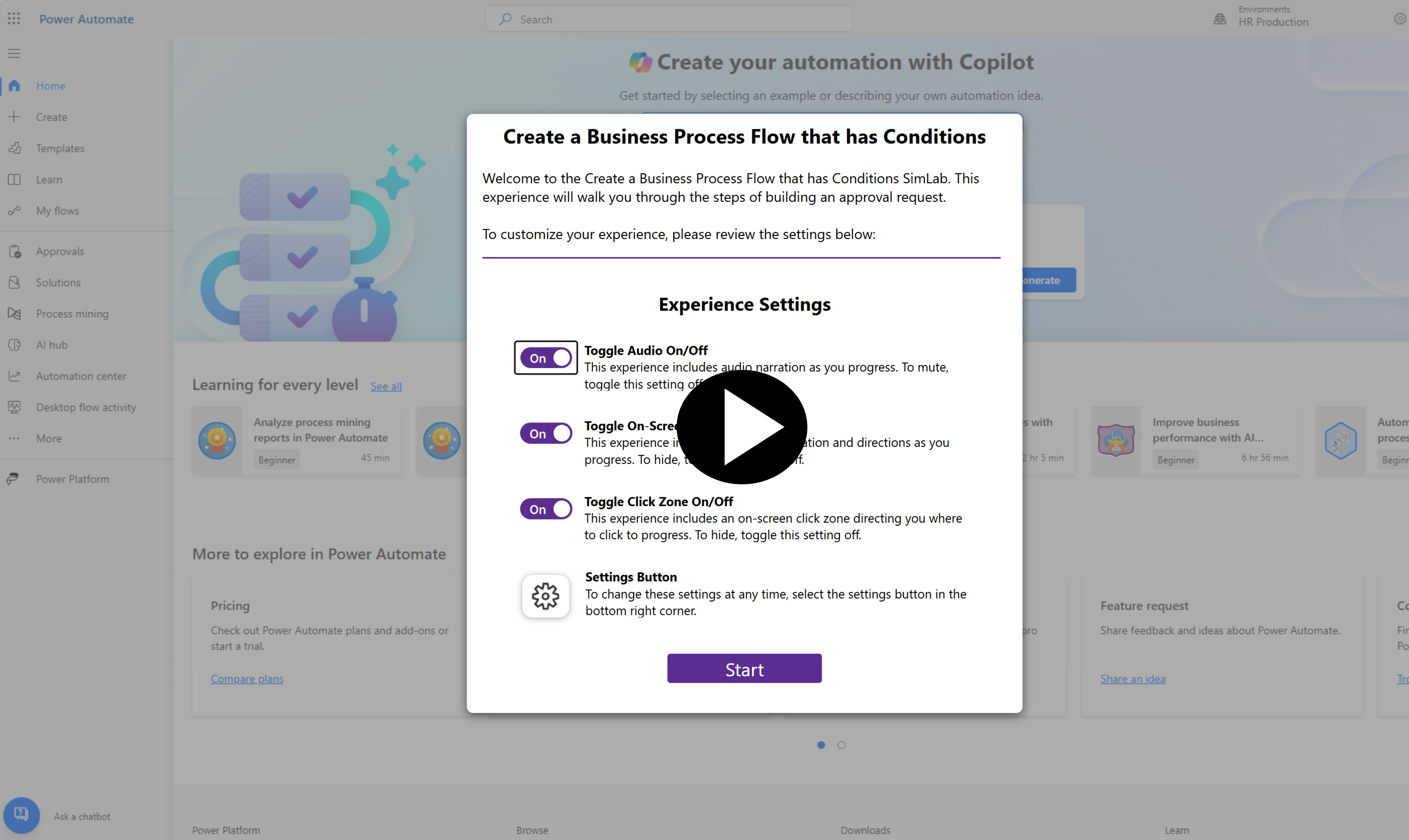 Screenshot of the simulation page, business process flow conditions.