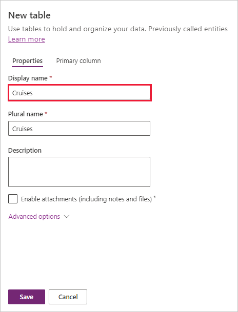 Screenshot of New Table dialog box with Cruises entered in the Display name box.