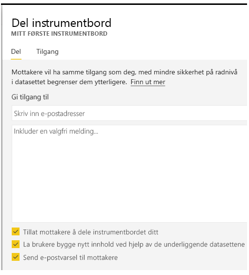 Skjermbilde av dialogboksen Del instrumentbord.