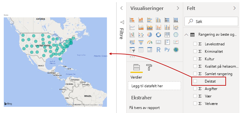 Dra et felt til rapportvisningslerretet for å opprette et visualobjekt.